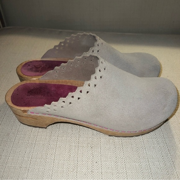 SANITA Size 37EU / 6.5 USA Tan Suede Clogs Wooden Sole Open Back Shoes Laser Cut main image 8